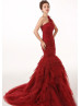 One Shoulder Burgundy Pleated Tulle Celebrity Wedding Dress